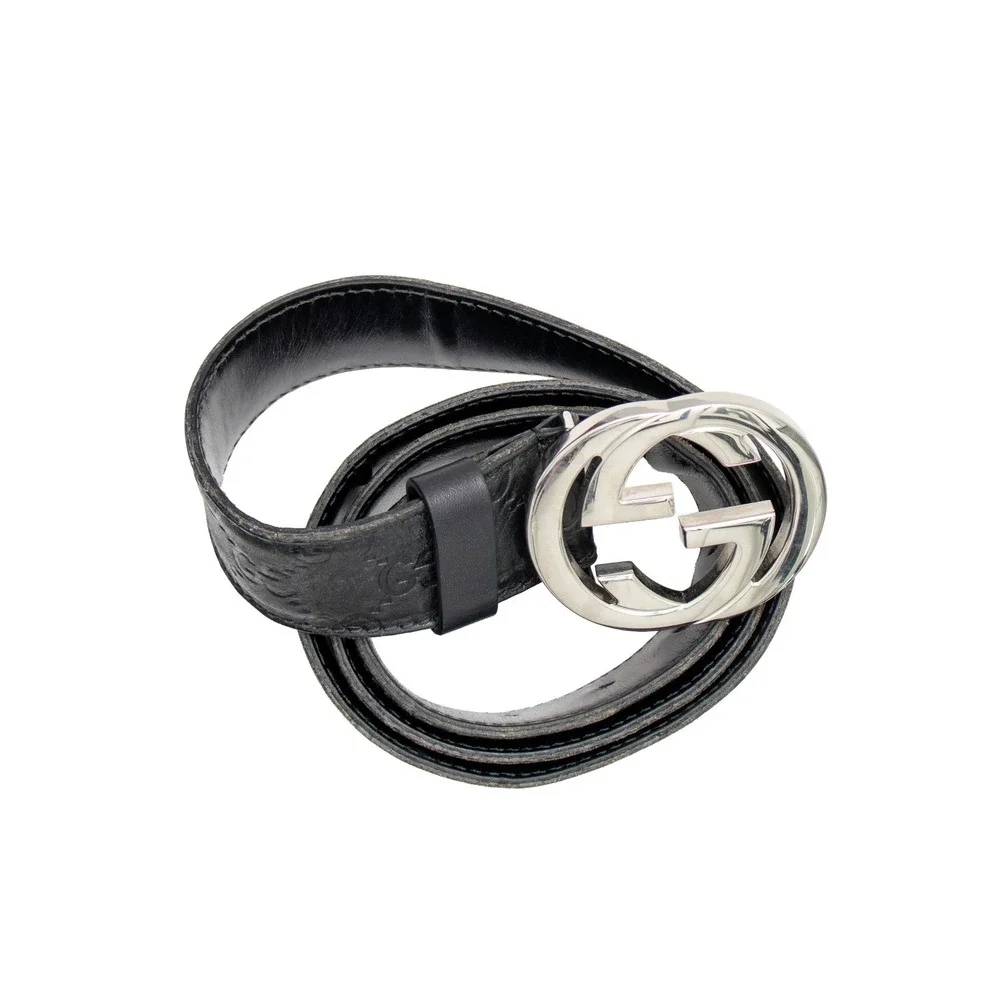 Gucci Men's Interlocking GG Belt Black Leather‎ Silver Buckle Size 95/38
